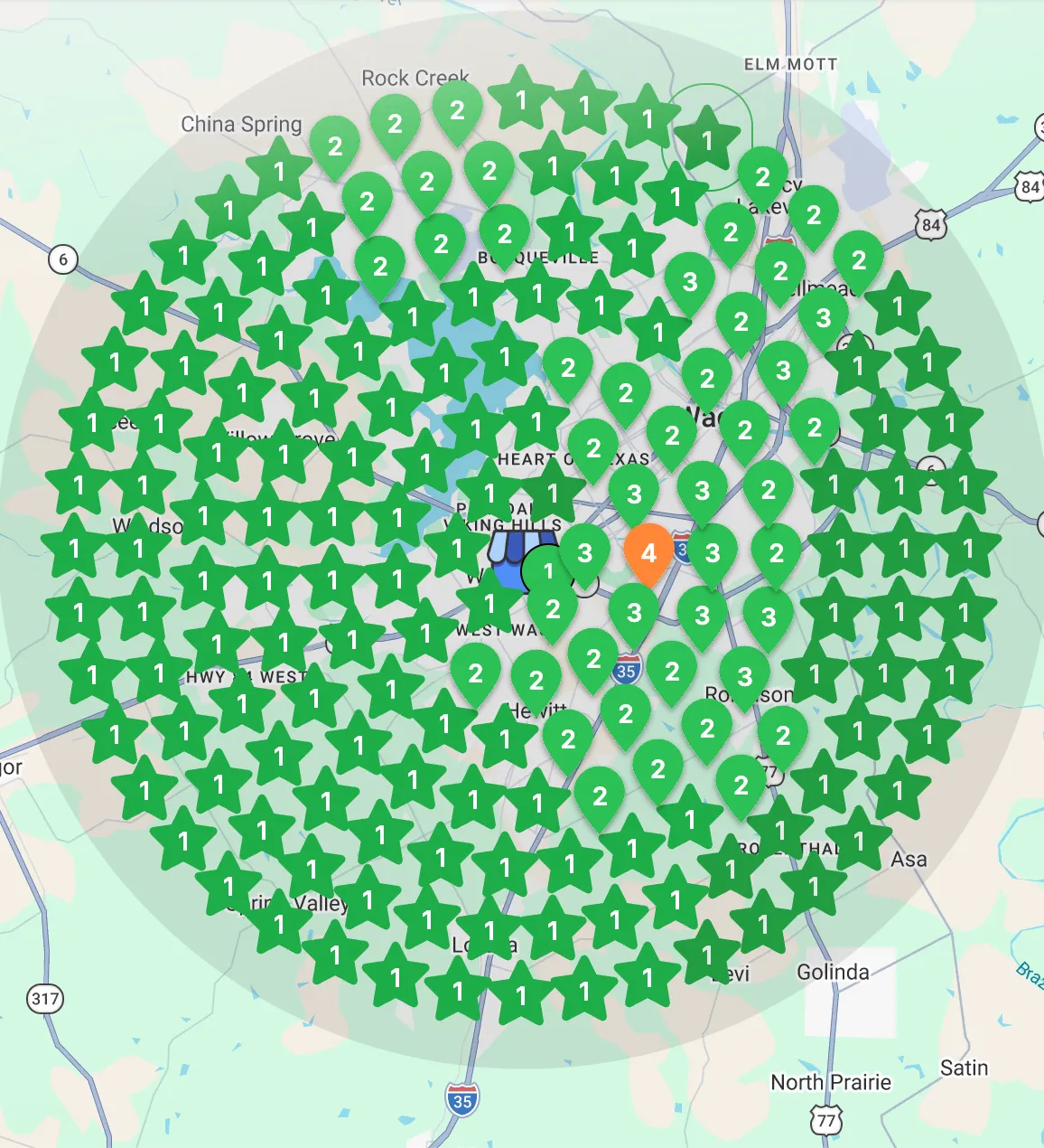 Local SEO ranking grid showing top Google rankings across a real client service area
