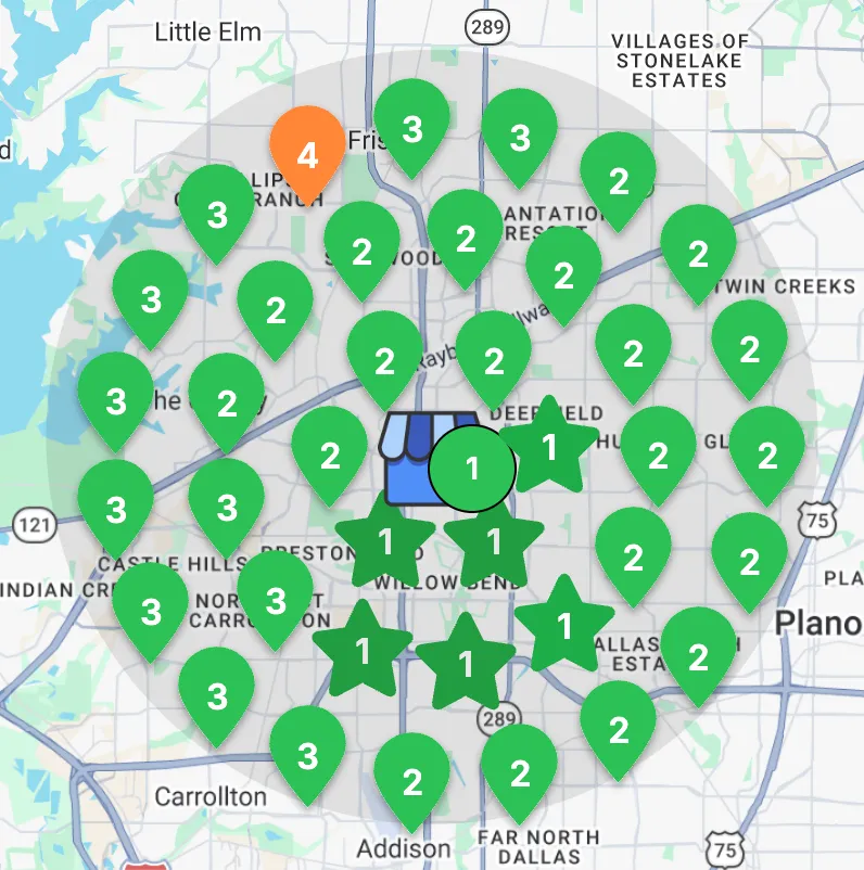 Local SEO ranking grid showing top Google rankings across a real client service area