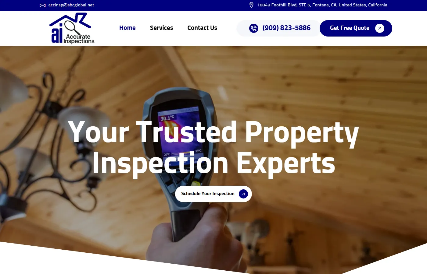 Website homepage screenshot for Accurate Inspections USA, a home service business built by Cavenaugh Media