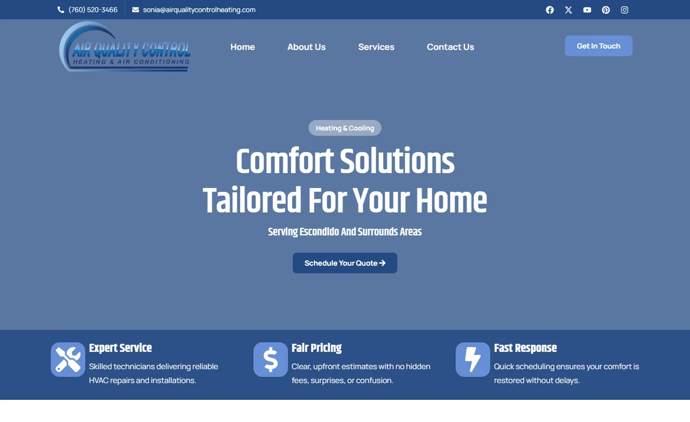 Website homepage screenshot for Air Quality Control, a home service business built by Cavenaugh Media