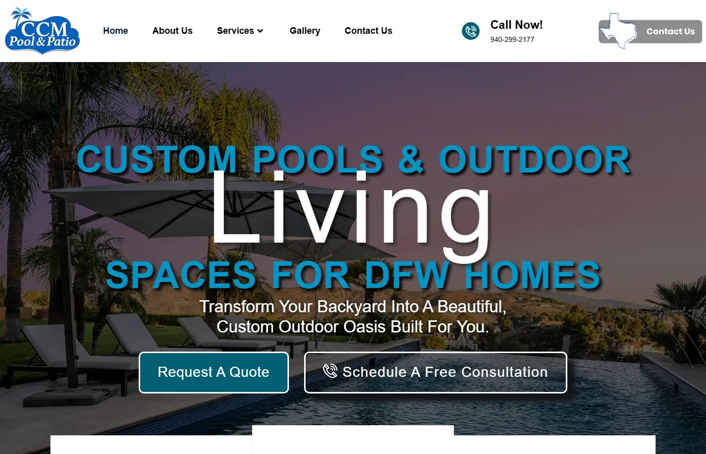 Website homepage screenshot for CCM Pools, a home service business built by Cavenaugh Media