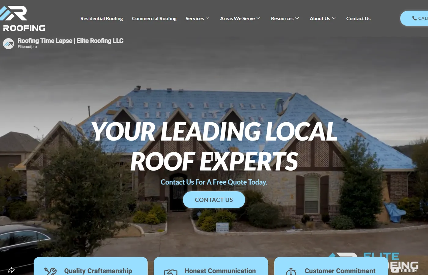 Website homepage screenshot for Elite Roof Pro, a home service business built by Cavenaugh Media