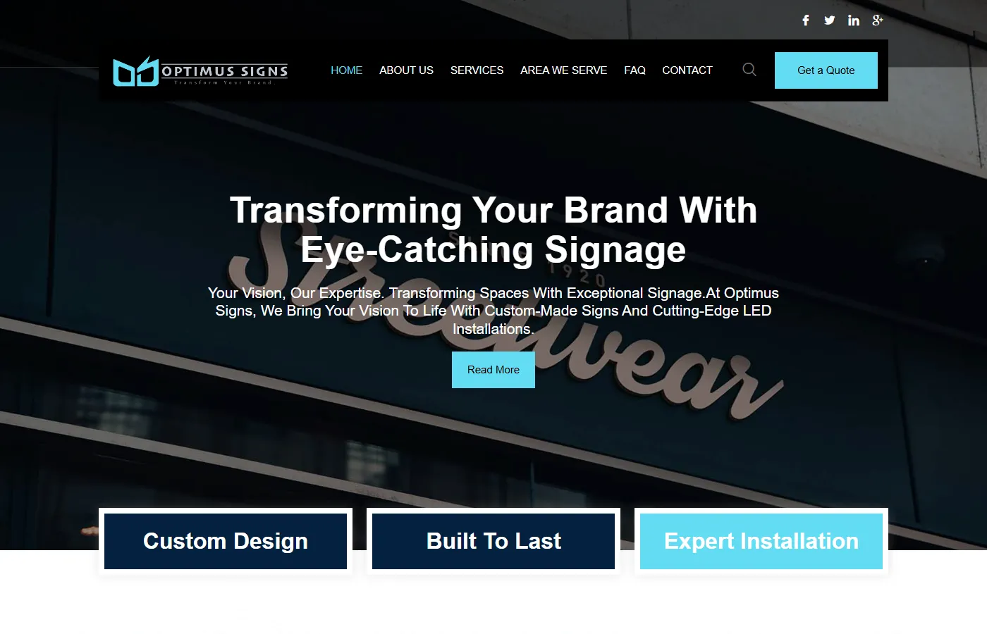 Website homepage screenshot for Optimus Signs, a home service business built by Cavenaugh Media