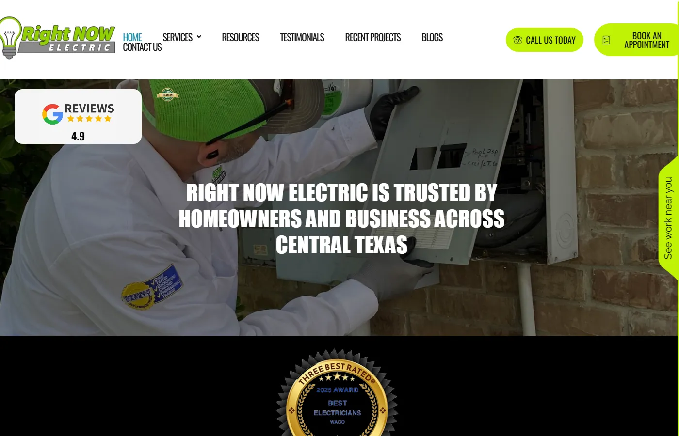 Website homepage screenshot for Right Now Electric, a home service business built by Cavenaugh Media