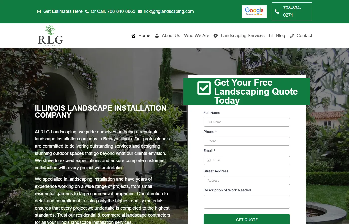 Website homepage screenshot for RLG Landscaping, a home service business built by Cavenaugh Media