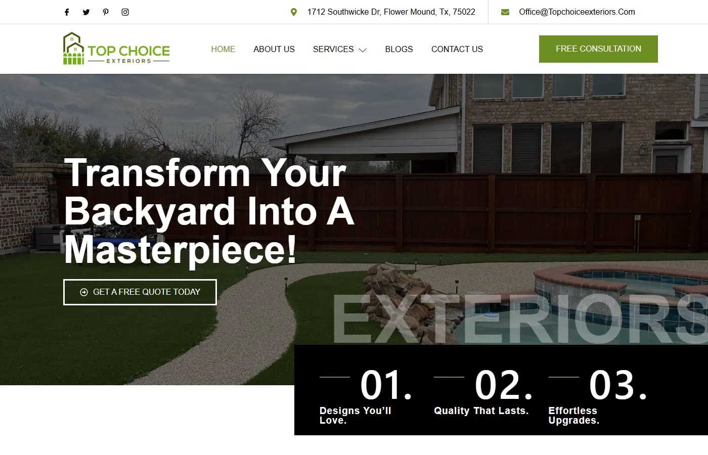 Website homepage screenshot for Top Choice Exterior, a home service business built by Cavenaugh Media