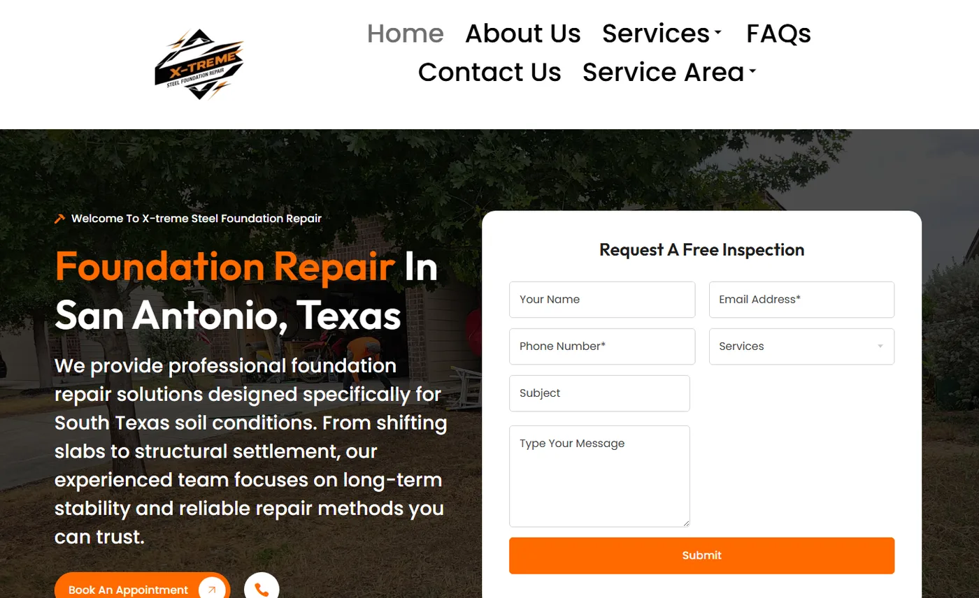 Website homepage screenshot for X-Treme Steel Foundation Repair, a home service business built by Cavenaugh Media